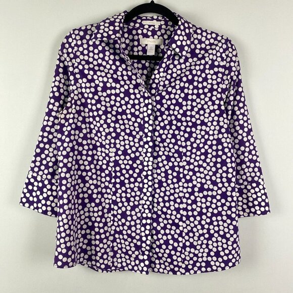 Chicos No Iron Button Up Shirt Size 0 US Small Purple White Polka Dot 3/4 Sleeve - Picture 1 of 10
